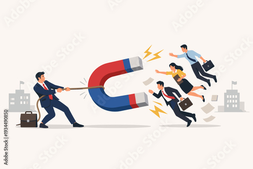 Businessman Pulling a Giant Magnet to Attract Professional Candidates, Talent War Concept, Recruitment Strategy, Human Resources Competition to Fill Job Vacancies, Headhunting and Hiring Process