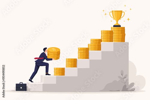 Businessman Carrying Gold Coins Up Stairs to Reach a Trophy, Concept of Financial Success, Career Growth, Wealth Accumulation, Hard Work, Ambition, and Achieving Business Goals Vector Illustration
