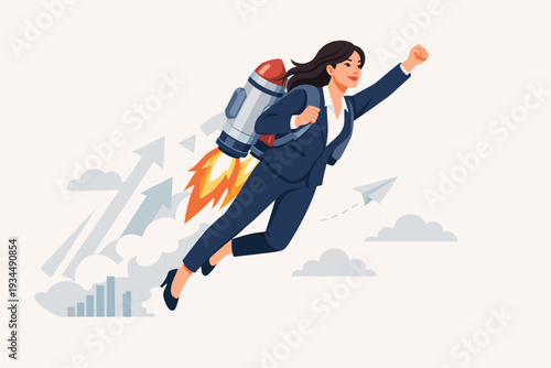 Successful businesswoman flying with a rocket jetpack to accelerate career growth and achieve goals. Empowered female leader soaring high for professional success, ambition, and motivation.