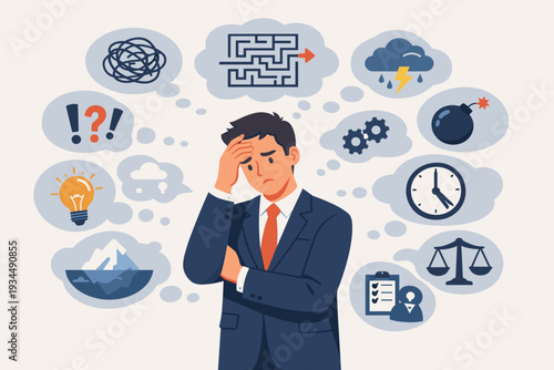 Overwhelmed Businessman Stressed with Too Many Thoughts and Problems, Mental Health Concept of Burnout, Anxiety, and Decision Making with Maze, Clock, and Idea Symbols in Thought Bubbles Vector