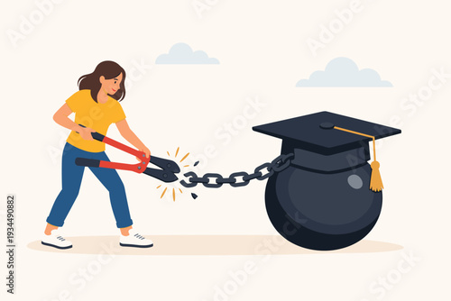 Young Woman Cutting Chain of Heavy Ball with Graduation Cap Symbolizing Student Loan Debt Forgiveness, Paying Off Education Expenses, Financial Freedom, and Relief from College Tuition Burdens