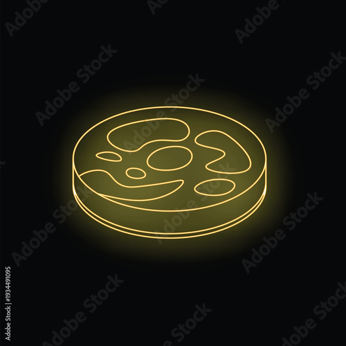 Yellow glowing neon icon of appetizing sliced salami on a black background