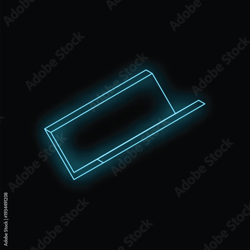 Bright luminous blue neon rectangle sign glowing on a black wall background showing blank copyspace displaying
