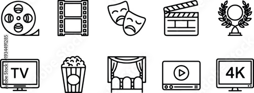 A set of vector line art icons representing film, television, and cinema in silhouette mode