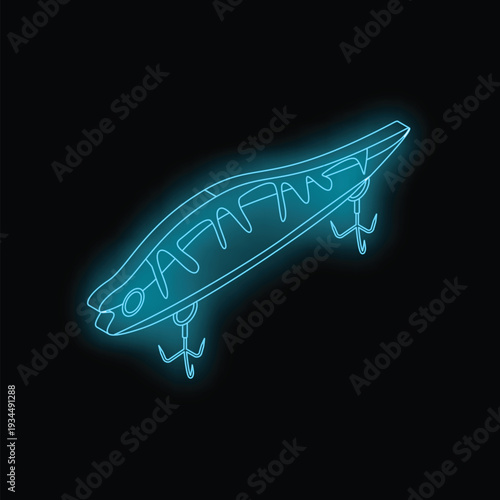 Neon blue isometric fishing lure glowing on black background