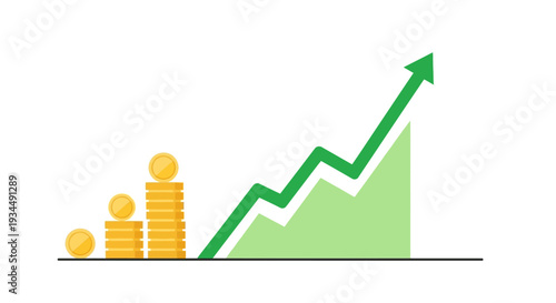 Financial Growth Chart with Stacked Coins and Upward Arrow
