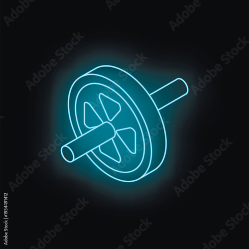 Neon blue abdominal roller wheel glowing on dark background, ideal for fitness and workout concepts