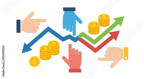 Financial Growth Concept: Hands Pointing to Upward Trend Graph with Coins