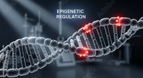 DNA double helix with red highlights on a blurred laboratory background for epigenetic study
