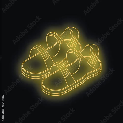 Pair of yellow neon sandals glowing on black background, representing summer footwear fashion