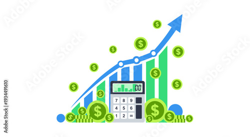 Financial Growth Concept: Upward Graph, Calculator, Coins, and Arrow Symbolizing Profit