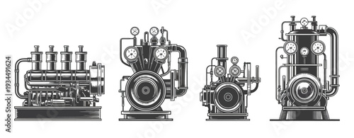 Industrial Machinery Flat Vector Icons Set, Featuring Engines, Boilers, and Mechanical Parts Collection Perfect for Factory, Engineering, Manufacturing, and Technical Design Projects.