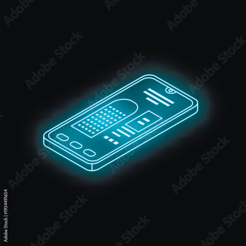 Glowing isometric smartphone displaying building management system interface on dark background