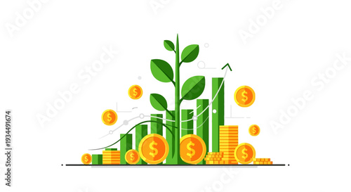 Financial Growth: Plant Growing Out of Coins and Stock Chart, Investment Concept