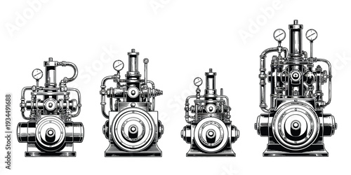 Industrial Equipment Vector Icon Collection, Flat Style Illustrations of Engines, Boilers, and Mechanical Components for Engineering, Manufacturing, Technical Infographics,