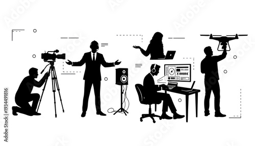 Silhouettes of people working in media and technology professions.