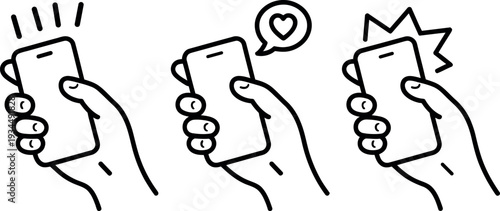 Line art illustration of three hands holding smartphones displaying different notifications and alerts on transparent background