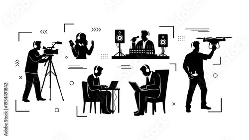 News broadcasting team working together to cover a breaking story.