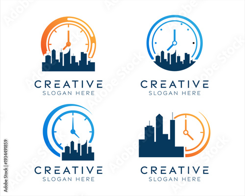 Set of city watch logo design templates. Modern isolated cityscape with clock design for accuracy, logistics, and management.