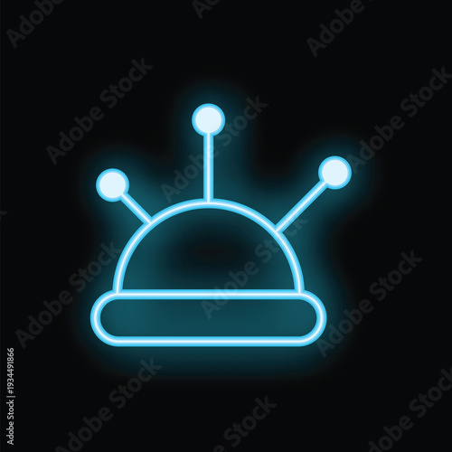 Blue neon icon of a pincushion with needles glowing on a black background