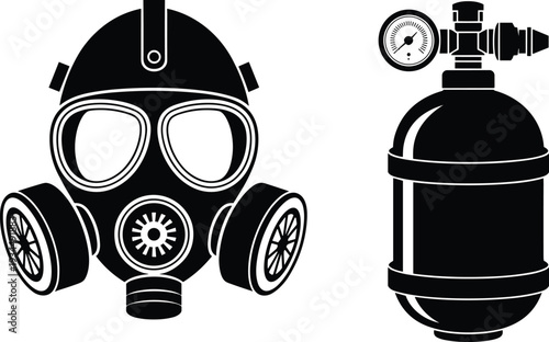 Black silhouette illustration set of gas mask with helmet and pressurized gas cylinder, safety equipment, hazardous environment protection vector design