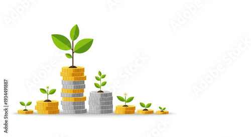 Growing money plants on stacks of coins, symbolizing financial growth and investment success.
