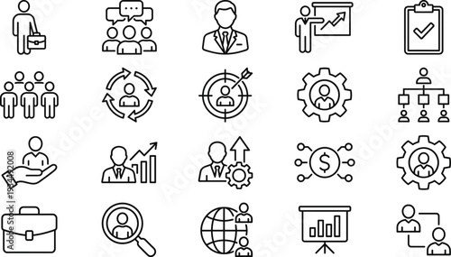 Modern Thin Line Human Resources and Business Management Icons Set with Recruitment, Leadership, Teamwork, Analytics and Corporate Growth Symbols