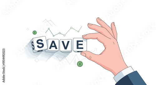Hand arranging cubes spelling SAVE with dollar signs and financial graph background