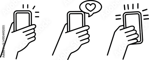 Three stylized line art illustrations of hands holding smartphones with social media notification icons