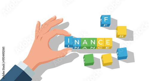 Hand arranging finance word blocks, financial concept, investment, growth, business strategy
