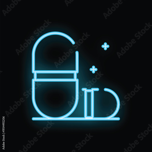Blue neon sign of a pill with vitamins coming out on a black background