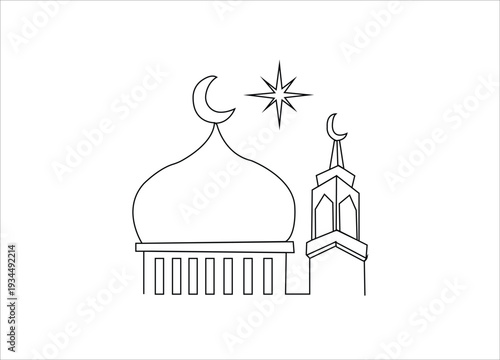 Minimal Mosque Outline with Crescent and Star.