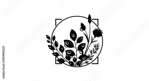 A delicate floral arrangement within a circular frame accented by a square presented as a striking silhouette