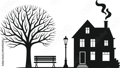 House and bare tree silhouette scene, cozy home exterior with bench and street lamp isolated illustration