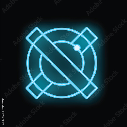 Glowing neon blue prohibition sign is shining against a dark background, creating a vibrant and attention grabbing image
