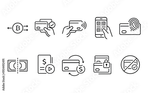Digital Payment Line Icons Set  Contactless Card, Bitcoin, QR Code, Secure Transaction Vector Illustration