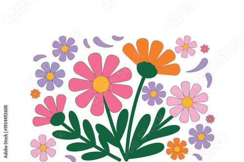 A vibrant flower illustration with colorful petals and green leaves