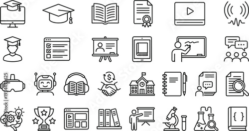 Modern Thin Line Education and E Learning Icons Set with Graduation, Online Course, Certificate, School, Science and Training Symbols