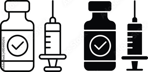 Set of 2 Vaccine and Syringe Icons Vector in Outline and Glyph Styles for Medical, Healthcare, and Immunization Concepts with Checkmark Symbol