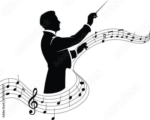 Orchestra conductor silhouette with musical notes, classical music maestro isolated on white background artistic illustration design