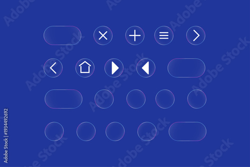 Liquid glass frame interface for web and apps.  modern application and website user interface and mockup, home, more, addition, multiplication, back, circle, rectangle. 