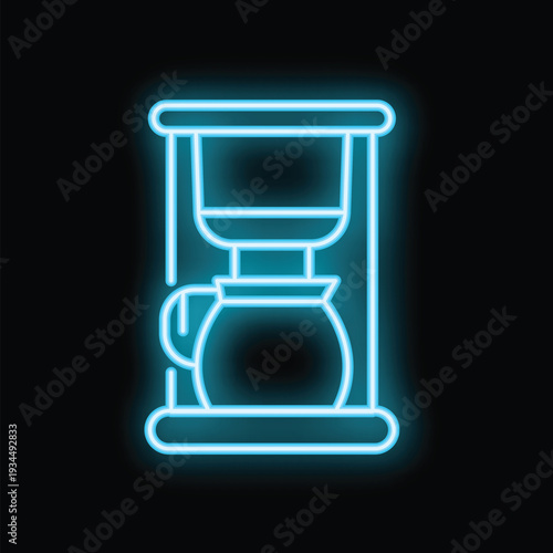 Blue neon sign depicting a coffee maker brewing fresh coffee into a glass pot on a black background