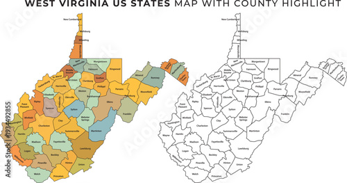 West virginia us state map with highlighted counties vector illustration for geographic and travel information