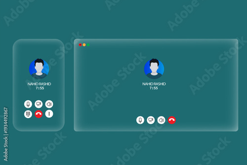 Video calling interface for messenger apps mockup. liquid glass frame interface for messenger calling. vector illustration of video calling, smartphone and laptop interface, mic, voice, reject.