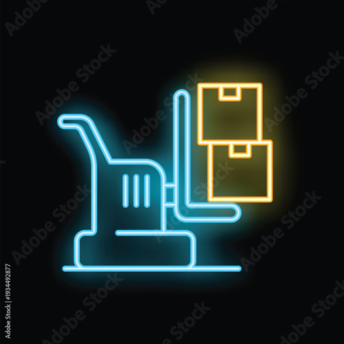 Blue and yellow neon icon of a pallet jack lifting boxes on black background, great for supply chain concepts