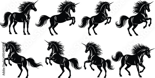 Black unicorn silhouettes set including standing rearing and running mythical horses with horns for fantasy fairytale magic and mystical design
