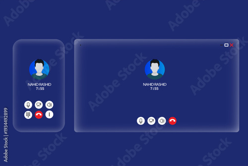Video call interface for desktop, laptop, smartphone. liquid glass screen interface for calling, apps mockup, avatar, sound, morphism, reject, mic, video, audio.