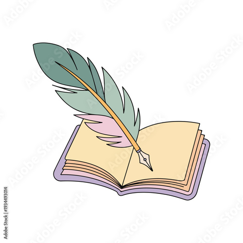 A vintage open book with a delicate feather pen resting on aged paper pages symbolizes the magic of literature, art, and ancient wisdom within a library
