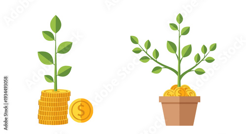 Money growing plant, investment concept, financial growth, coins and green leaves