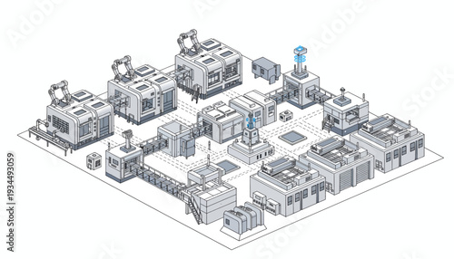 Isometric illustration of an industrial complex with various buildings and machinery.